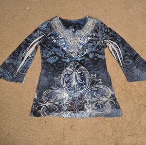 Women's Blue Long Sleeve Tunic Style Top